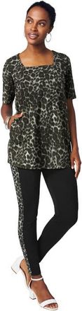 Jessica London Everyday Stretch Cotton Legging in Black Painterly Cheetah at Nordstrom, Size 32