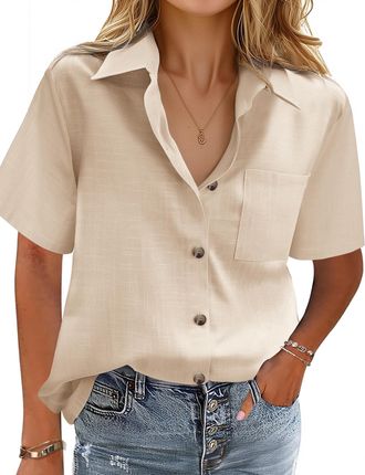 Zeagoo Womens Shirts Cotton Button Down Shirt Short Sleeve Blouses V Neck Collared Blouse Casual Tops Solid Color Shirts Khaki XXL