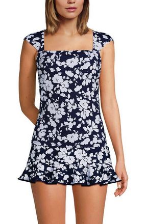 Lands End Womens Square Neck Underwire Square Back Tankini Swimsuit Top in Deep Sea Navy Lilies at Nordstrom, Size 16P