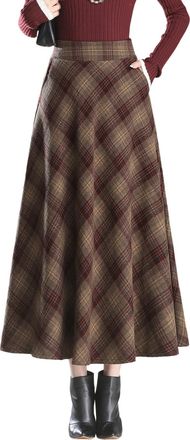 Generic Womens Wool Pleated Plaid Skirt Long Winter High Waist Elegant Tartan Warm Maxi Swing Skirts (UK, Alpha, L, Regular, Regular, Brown Stripes)