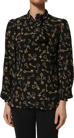 Dolce & Gabbana Womens Black Keys Print Silk Tie Neck Blouse Top
