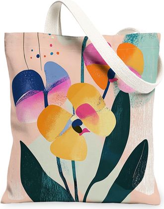 Generic Spring Phalaenopsis Orchid Flower Canvas Tote Bag for Shopping 13x15, Retro Mid Century Florals Reusable Grocery Print Bag for Women, Fun Funky Beach 