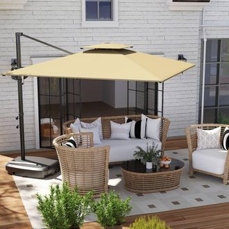 OUTSUNNY Garden Cantilever Parasol w/ Weighted Base Tilt Crank in Khaki