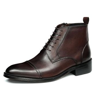 Generic Mens Lace Up Short Boots with Side Zipper Pointed Toe Leather Formal Boots Low Block Heel Casual Ankle Booties,Brown,5.5 UK