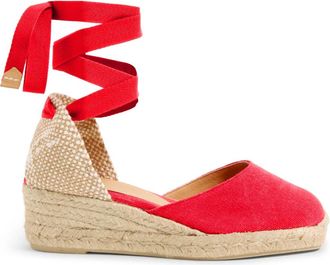 Castaner Carina gewassen-katoenen espadrilles met striksluiting en 5 cm sleehak. - Dames - Sleehakken - Rood - 41 EU - Katoen - Schoenen