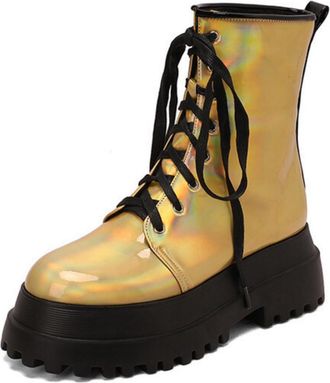 Generic Womens Lace Up Combat Boots Round Toe Patent Leather Ankle Boots Block Heel Platform Short Boot,Yellow,6.5 UK