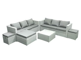 Fimous Rattan Garden Outdoor Furniture Set 9 Seater Rattan Garden Sofa Set with 3 Footstools Light Grey Mixed