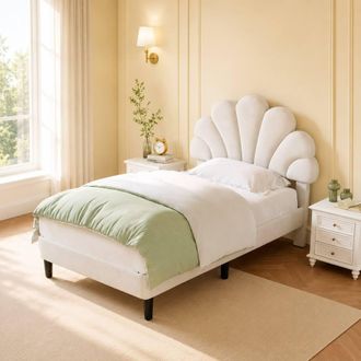 Merax 3ft Single Velvet Upholstered Bed with Adjustable Chic Petal Headboard in Beige