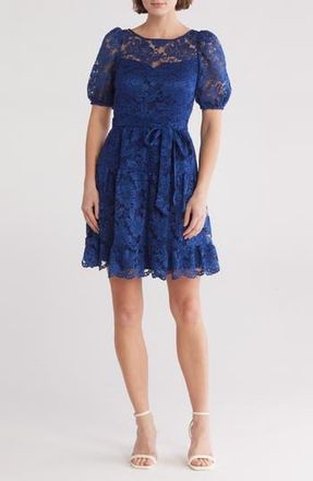 Vince Camuto Puff Sleeve Lace Fit & Flare Dress in Navy at Nordstrom Rack, Size 14
