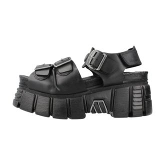 New Rock Schoenen, Dames, Zwart, 39 EU, Stijlvolle platte sandalen voor vrouwen
