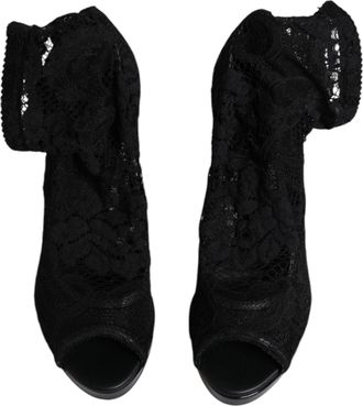 Dolce & Gabbana Womens Black Stretch Taormina Lace Boots Shoes Nylon Viscose Elastane Silk