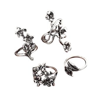 Generic 4Pcs Ancient Silver Mori Vine Tree Leaf Flower Hollow Ring Set For Women Retro Vintage Silver Stack Rings Set Trendy Silver Rings For Teen Girls Rings