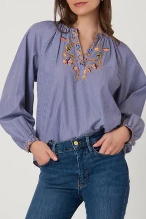 Shoshanna Embroidered Pinstripe Amber Top in Lapis Multi at Nordstrom, Size X-Small