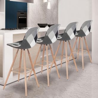 IDMarket Lote De 4 Taburetes De Bar Sara Patchwork Negro, Gris Y Blanco