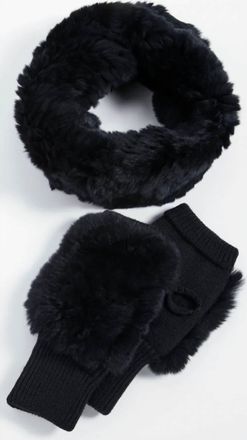 Jocelyn Dyed Rex Rabbit Cowl & Mitten Set In Black