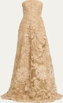 Naeem Khan Floral Raffia Strapless Gown