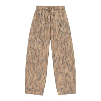 Ganni Wide Trousers, female, Brown, Size: XL Printed Flyweight Nylon Relaxed Elastic Pants