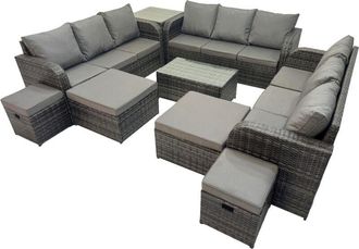 Fimous Fimous Outdoor 3 Seater Sofa Coffee Table Set Garden Rattan Furniture Set 13 Seater with Side Table 4 Stools Dark Grey