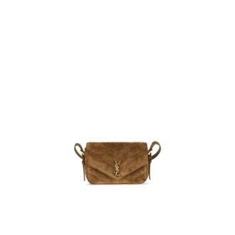 Saint Laurent Loulou Monogram Chevron Suede Schoudertas - Dames - Tassen - Bruin - Maat: ONE Size Su&egrave;de