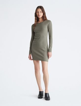 Calvin Klein Womens Cotton Contour Rib Mini Dress - Green - XS