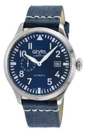 Gevril Group Vaughn Leather Strap Automatic Watch, 44mm in Blue at Nordstrom Rack