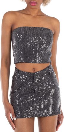 Rotate Ladies Black Sequin-Embellished Strapless Crop Top