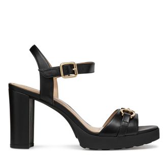 Geox Walk Pleasure Black Block Heel Leather Sandals