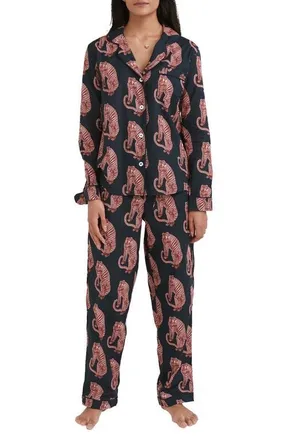 Desmond & Dempsey Long Sleeve Cotton Pajamas in Tiger Navy/pink at Nordstrom, Size X-Large