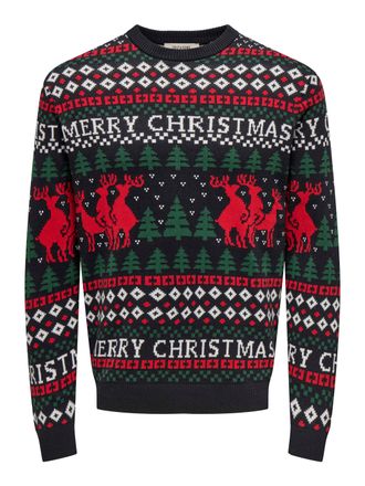 Only & Sons Rundhalspullover ONLY & SONS ONSX-MAX REG DEER CREW KNIT, Herren, Gr. XXL, blau (schwarz navy), Strick, Obermaterial: 100% Baumwolle, gemustert, regul