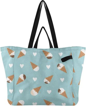 Generic Ice Cream Heart Blue pattern Reusable Canvas Tote Bag, Heavy Duty Grocery Shopping Bag with Double Handles Large Capacity Hard Bottom Work Groceries T