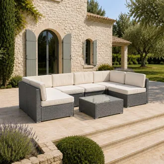 Concept Usine Mobiliario modular de jard&iacute;n de 6 plazas en resina tejida gris y beige