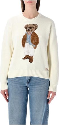 Polo Ralph Lauren Gebreide Trui met Beer - Dames - Ronde hals truien - Wit - S - Katoen - Truien & Vesten