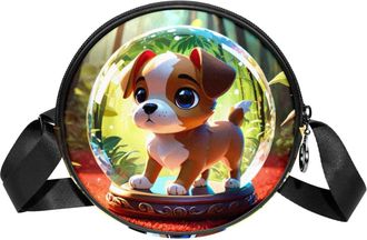 Generic Circle Crossbody Bag for Women, Dog Crystal Ball Small Sling Bag Daypack with Zipper Adjustable Shoulder Straps Casual Ladies Girls Round Purse