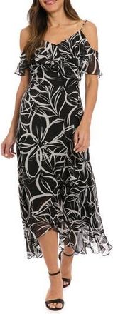 London Times Cold Shoulder Ruffle Faux Wrap Dress in Black/White at Nordstrom Rack, Size 10P
