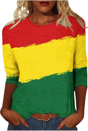 Generic My Orders Black History Month Tunic Tops for Women UK 2025 Spring Fashion Color Block Shirts Casual 3/4 Sleeve Crewneck Geometric Printed Blouse Ladie