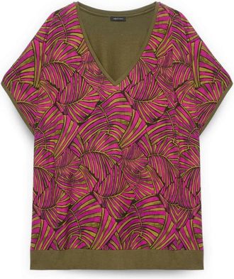 Fiorella Rubino T-shirt van bi-materiaal met print en kimono mouwen - Dames - Blouses - Groen - XL - Tweed - Overhemden