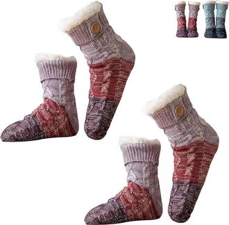 Generic Knitted Ultra-Thick Slipper Home Socks, Non-slip Warm Winter Socks with Fleece Lined, Soft Plush Comfort, Unisex (2Pair-Red)