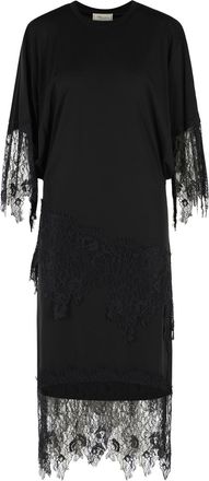 Blumarine Black Viscose Blend Midi Dress With Tonal Lace Accents