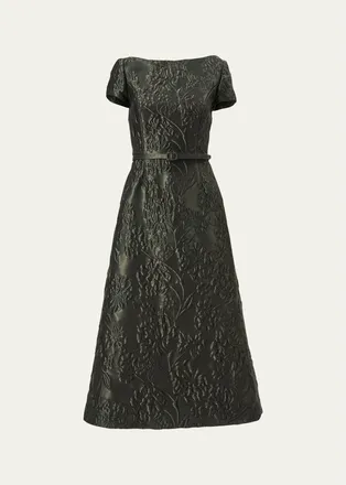 Carolina Herrera Boat-Neck Floral Textured Jacquard Belted Midi Dress