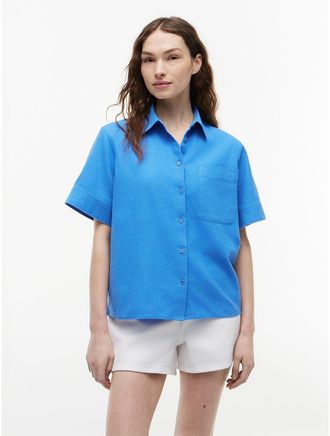 Tommy Hilfiger Womens Short-Sleeve Linen-Blend Shirt - Blue - XXL