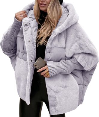 Generic Oversized Hooded Puffer Coat for Women Lightweight Patchwork Padded Down Jacket Coats Winter Warm Casual Outerwear Puffer Jacket Womens Hooded Gray