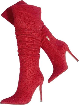 Generic Womens Glitter Suede Pointed Toe Rhinestone Long Boots Thin Heel Party Knee-High Boots