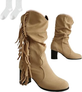 Generic Womens Mid-Calf Boots with Block Heel, Fashionable Riding Boots in Suede Look with Pleated Design And Fringe, Comfortable Slip-On Boots in Plus Sizes 