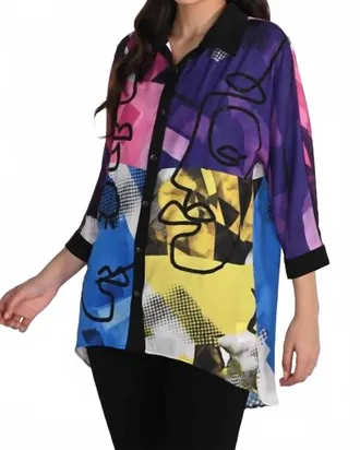 Frank Lyman Design Abstract Jewel Button Closure Blouse In Black/multi