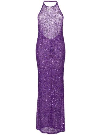 Retrof&ecirc;te sequinned halterneck gown - Purple