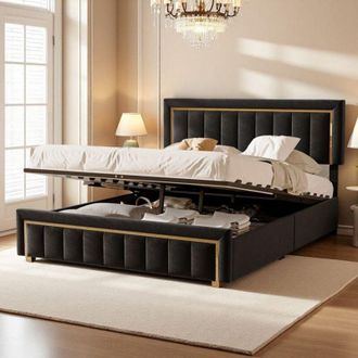 OEM Cama Doble 140x200 - Cofre Hidr&aacute;ulico - Cabecera De Terciopelo Negro - Bordes Dorados - Dise&ntilde;o Moderno