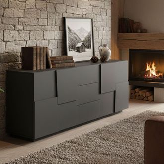 Dmora Dmora - Aparador Yoel, Buffet De Sal&oacute;n, Aparador De Sal&oacute;n Con 4 Puertas Y 3 Cajones, 220x44h86 Cm, Antracita, Con Embalaje Reforzado