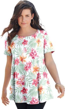 Roaman's Plus Size Ultimate Cotton Crewneck Short Sleeve Swing Tee in Orange Tropical Floral at Nordstrom, Size Medium