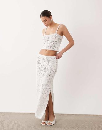 Asos Gonna lunga premium alluncinetto color crema in coordinato-Bianco
