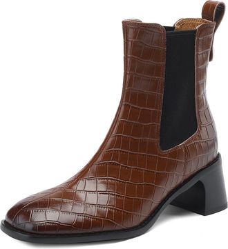 TinaCus Womens Square Toe Handmade Genuine Leather Chunky Heel Stretch Slip On Checkered Ankle Boots, Brown, 4 UK